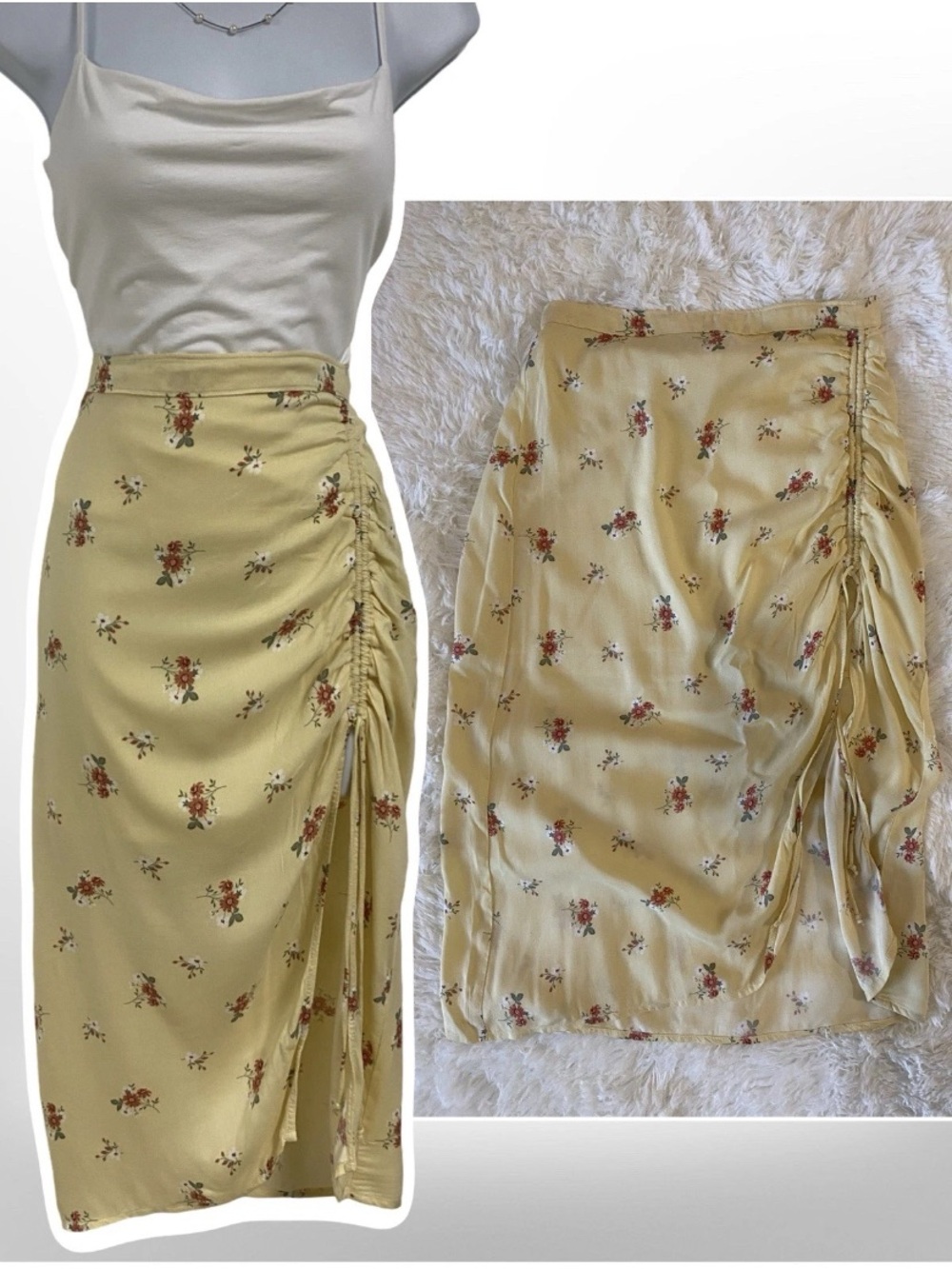 Hollister Pale Yellow Floral Ruched Midi Skirt, Size Medium